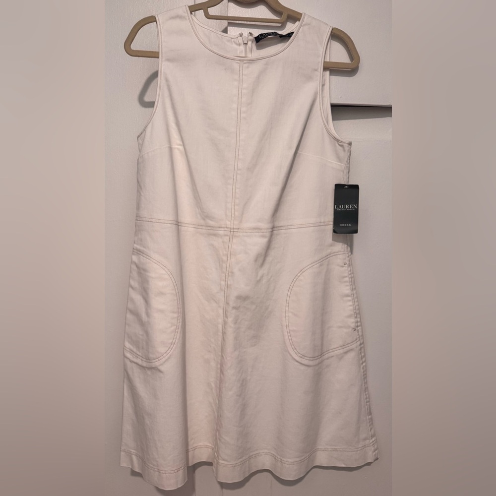 NWT Ralph Lauren White Fit and Flare Sleeveless Denim Dress With Pockets Size 10